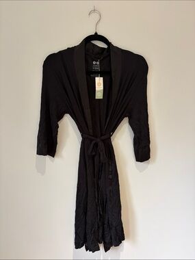 Kindred Bravely Black Satin-Trim Kimono Robe with Tie